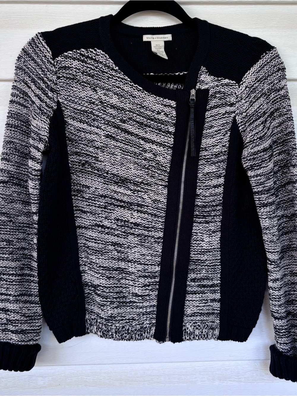 White + Warren XS Black White Knit Moto Sweater Jacket Asymmetrical Zip Cotton